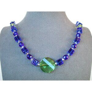 Vintage Blue Glass Cube Beads & Green Accent Beads Necklace/Earrings Set